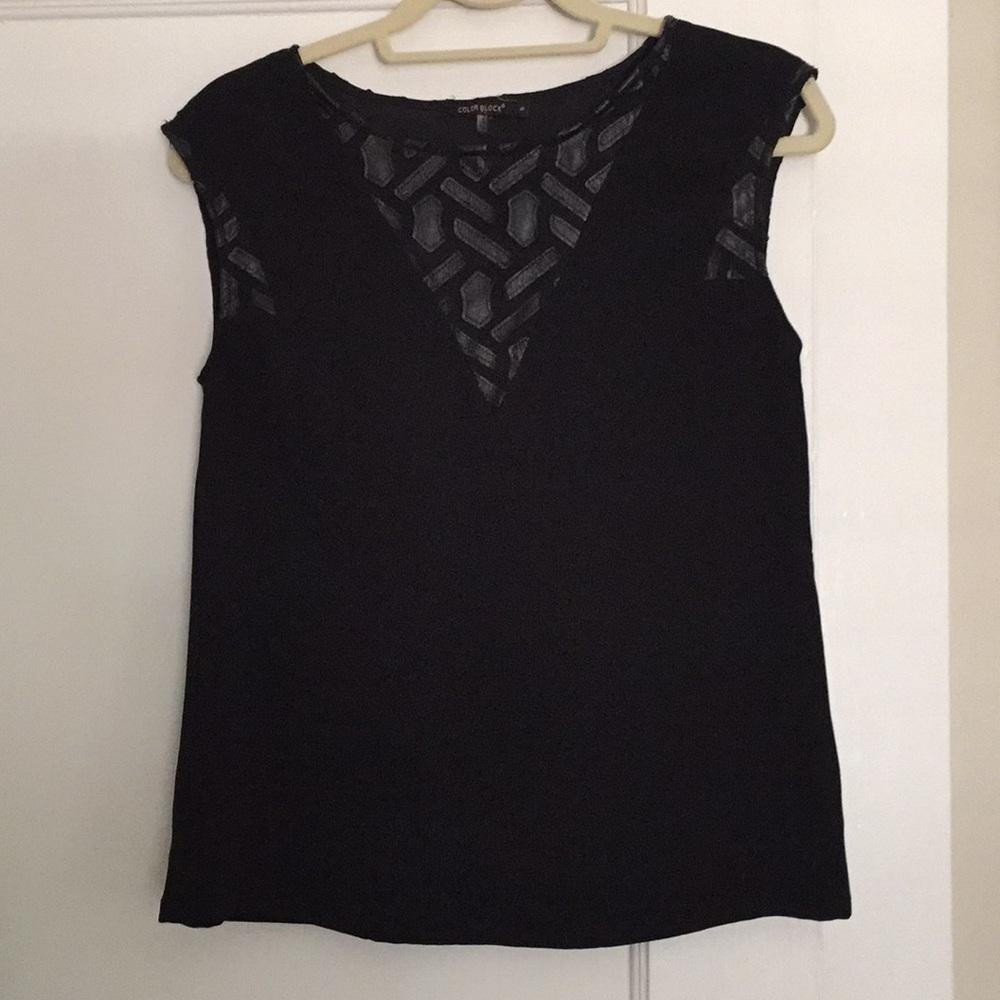 Black sleeveless top with faux leather detailing